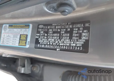 2011 Kia Sorento Lx V6 из США, поврежденный, VIN 5XYKTDA26BG157343